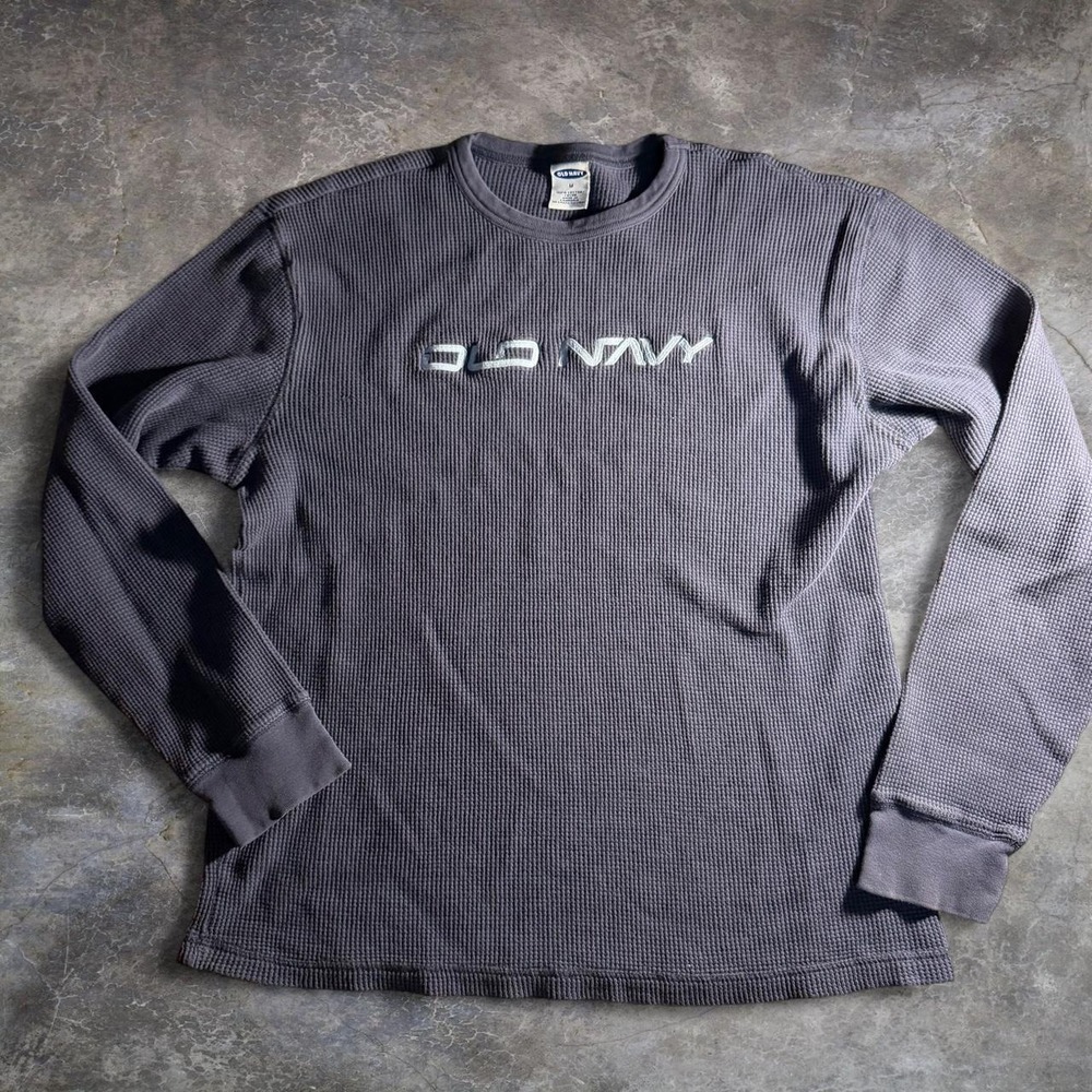 Old Navy Mens Y2K Thermal Shirt Navy Blue Waffle Knit Long Sleeve Logo Medium